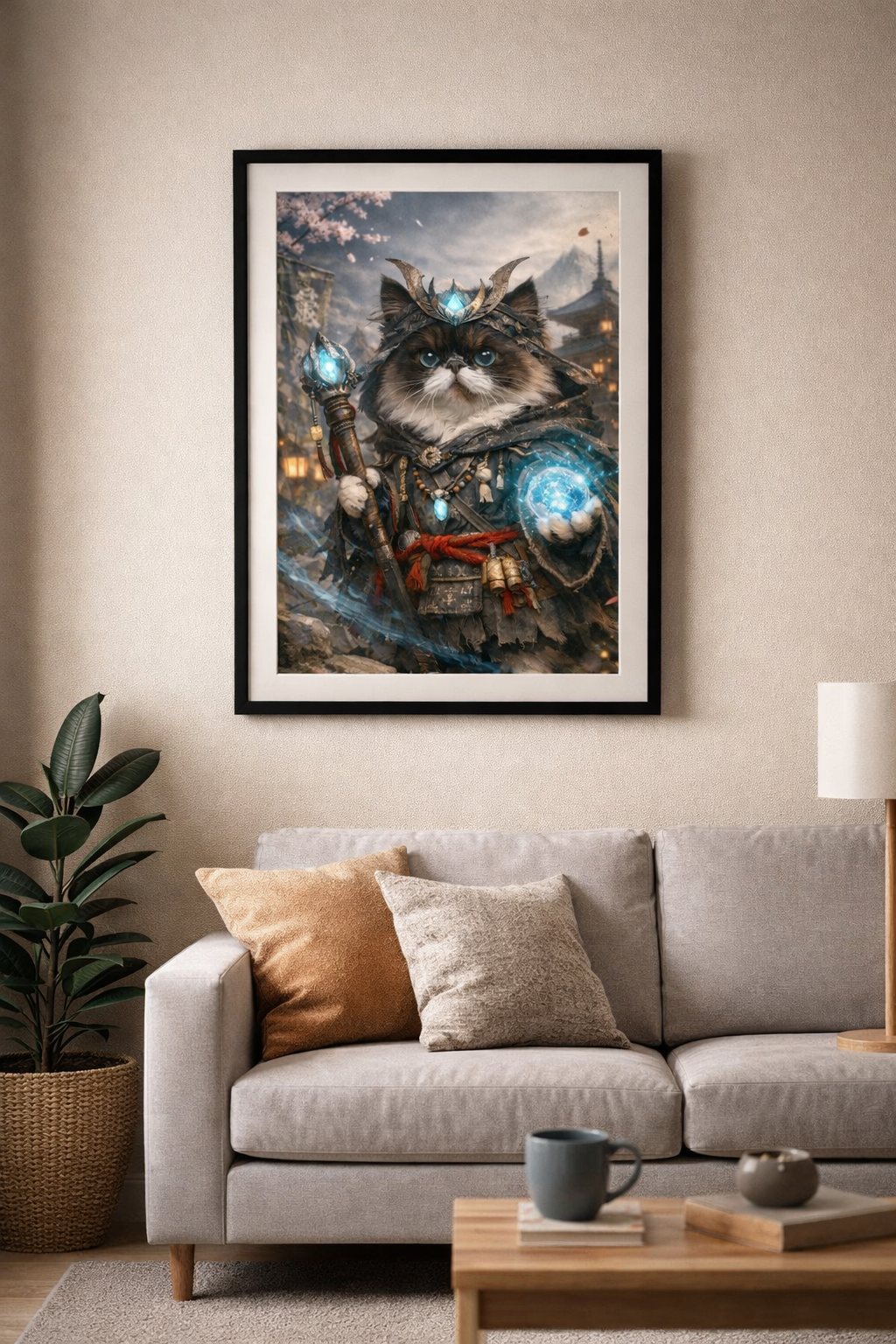 Toile chat samouraï sur mur